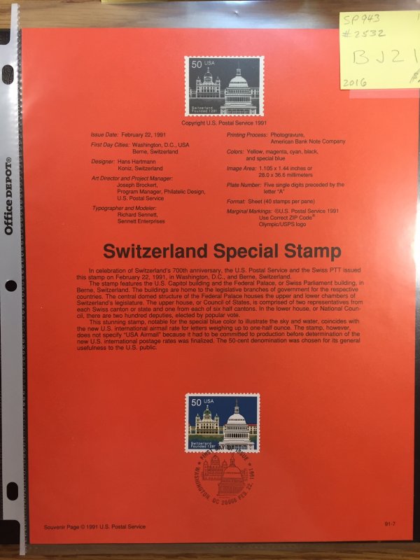 US #SP943 / 2532 Switzerland Special Stamp - Souvenir Sheet / Page