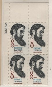 US, 1446, MNH, PLATE BLOCK, 1972,SIDNEY LANIER