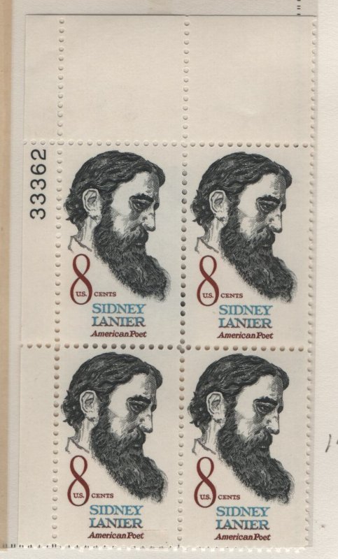 US, 1446, MNH, PLATE BLOCK, 1972,SIDNEY LANIER