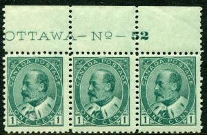 CANADA #89 FVF Never Hinged Strip of 3 Top Margin - King Edward VII - S7941