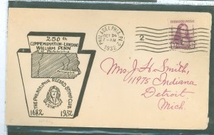 US 724 1932 3c 250th Anniversary Of The Arrival Of William Penn On An Addressed FDC With a Philadelphia, PA Cancel and A Philade