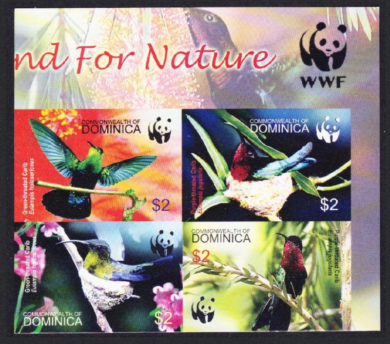 Dominica Birds WWF Caribs Imperf Top Right Block of 4 with WWF Logo SG#3412-3415