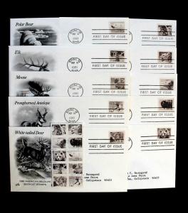US #1880-89 FDC and 1889a  Pane of 10 American Wildlife  10 Artcraft FDC
