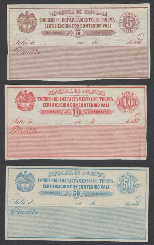 Colombian States Tolima 1888 Cubiertas Complete Set LM Mint. Scott G13-G15