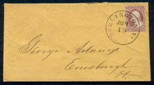 1860's, BURLINGTON VT tying 3¢ on pretty yellow cover, VF