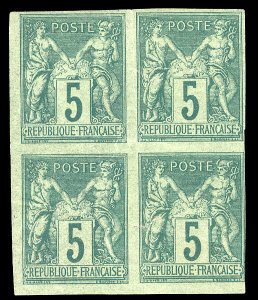 France, 1850-1900 #78a Cat$1,100, 1876-77 Type Sage, 5c green, imperf. block ...