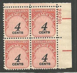 #J92 4c Postage Due Plate Block Mint Never Hinged #26291