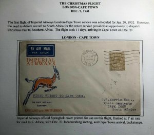 1931 London England Airmail First Flight Cover FFC To Capetown South Africa IA