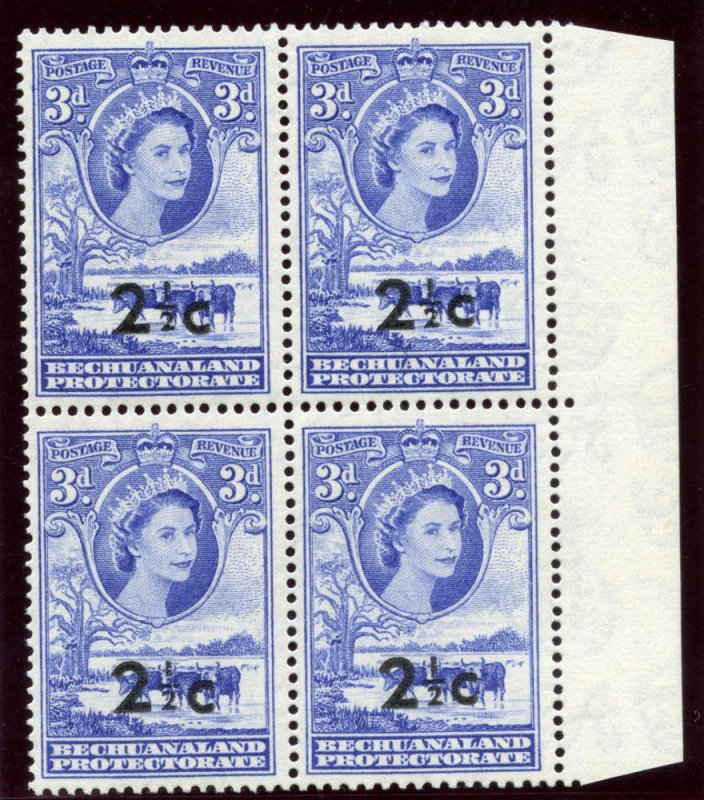 Bechuanaland 1961 QEII 2½c on 3d bright ultramarine block MNH. SG 160. Sc 172.