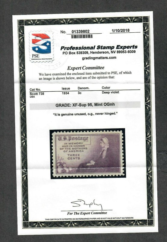 US Sc#738 M/NH, XF-SUP 95 PSE Graded Cert, SMQ. $45