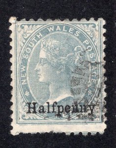 New South Wales 1891 1/2p on 1p Surcharge, Scott 92 used, value = $14.00