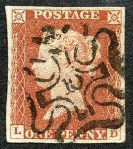 1841 Penny Red (LD) Fine 10 in Cross (Thin) Four margins