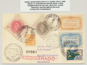 BRAZIL 1936 ZEPPELIN CARD, REGISTERED TO FRIEDRICHSHAFEN Si#363 Sc#422-5+C31