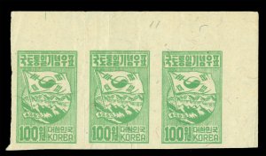 South KOREA 1950 Flag & Mountains 100wn gr Sc#120 unused (MNH) IMPERF strip of 3