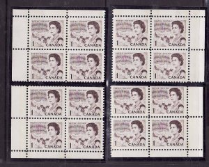 Canada-Sc#454p- id5-four unused NH corner blocks-Tagged-W2B-Centennial-1967-