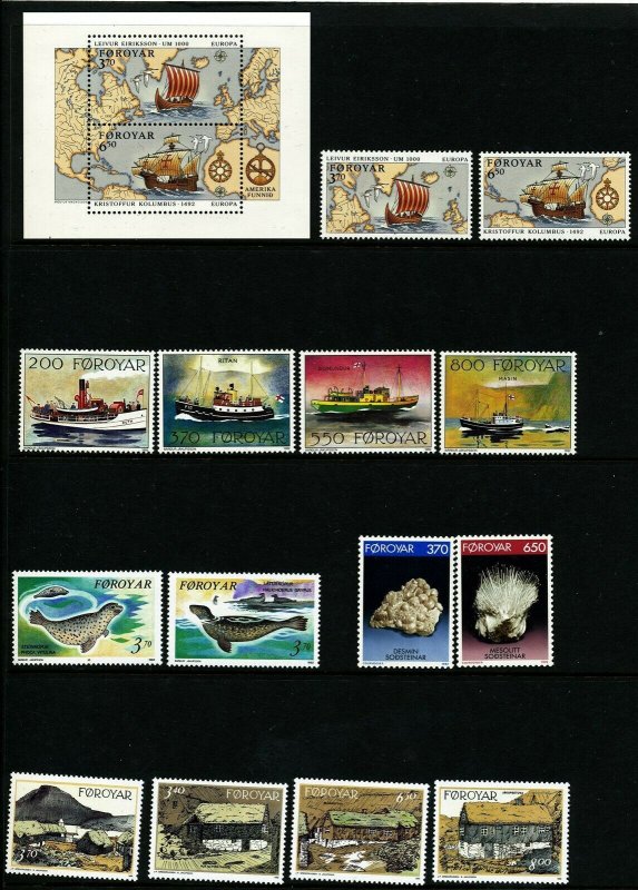 Faroe Islands 1992 Year set cpl incl sets S/S Columbus ships seals. MNH