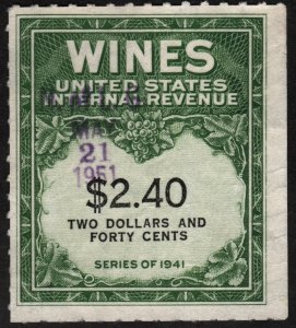 RE153 $2.40 Wine Revenue Stamp (1942) Used