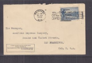 AUSTRALIA, 1934 CBA cover, Melbourne Centenary 3d., Brisbane to USA.