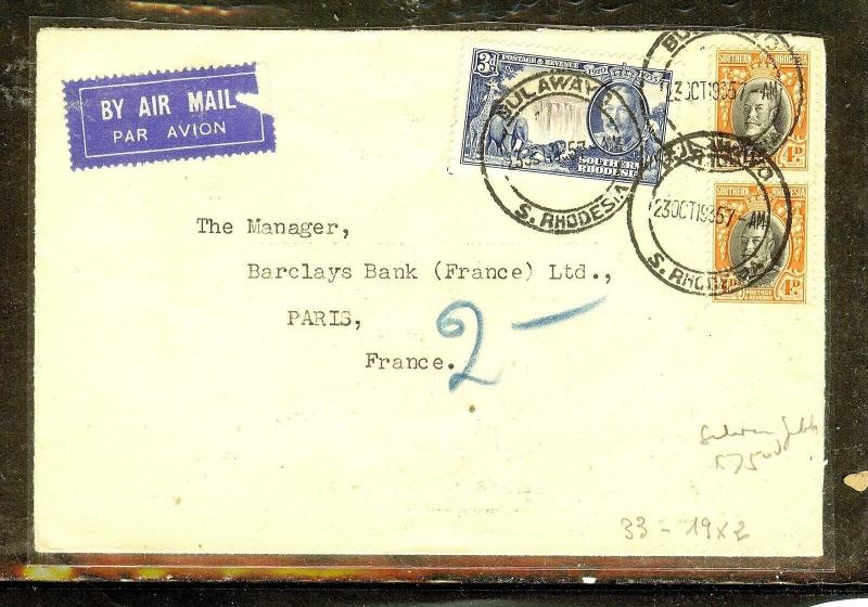 SOUTHERN RHODESIA  (P2909B) 1937 SILVER JUBILEE 3D+KGV 4DX2 A/M TO  FRANCE