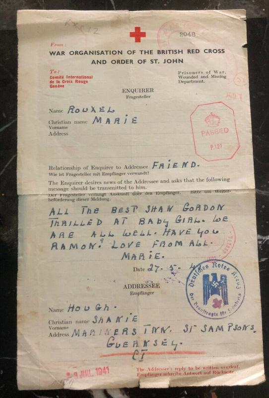 1941 Guernsey Channel Island British Prisoner of War Letter Cover Red Cross POW