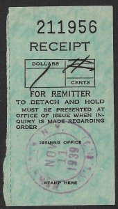 US POSTAL MONEY ORDER RECEIPT RECEIPT Over Value 1939 NEWBURGH NY (STA No 3)