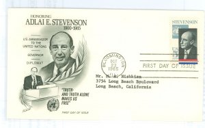 US 1275 1965 Adlai E. Stevenson; typed address, fleetwood cachet. FDC