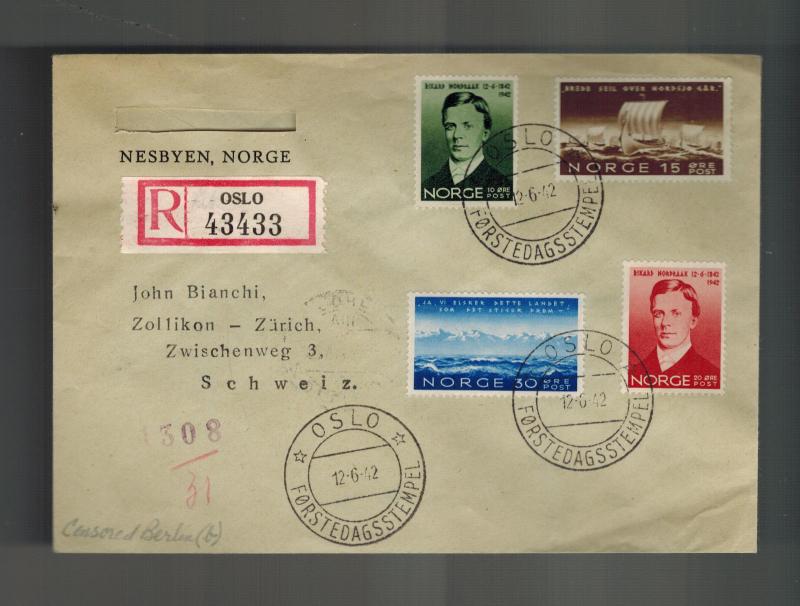 1942 Oslo Norway Censored First Day Cover # 247 to 250 FDC to Switzerland