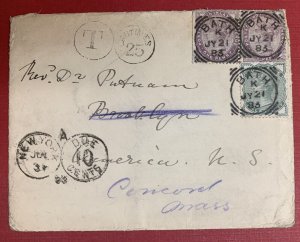 Great Britain, Scott #78, 88 Pair, U.S. #J5, on 1883 Cover, Bath to Brooklyn, NY