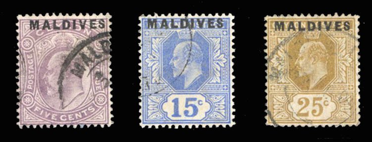 Maldives #4-6 Cat$289, 1906 5c-25c, used