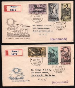 CZECHOSLOVAKIA 1960 BIRDS Set Sc 1007-1012 on 2 Cachet Registered FDC to USA