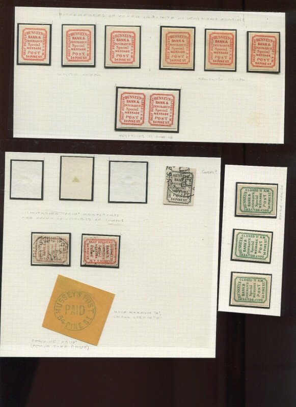 Lot of 280+ Hussey's Post 1862-1873 Local Stamps Most on Perry Pages