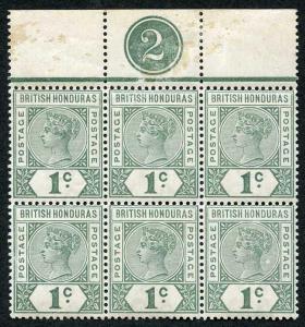 British Honduras SG51 QV 1c Green Plate Block of SIX (5 x U/M)