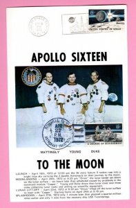 5X8 card showing the crew of Apollo 16- Cancel/ days of Launch & Splashdown