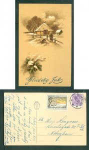 Denmark. 1925 Christmas Card  With Seal+ 15 Ore. Farm,People,Flowers. Copenhagen 