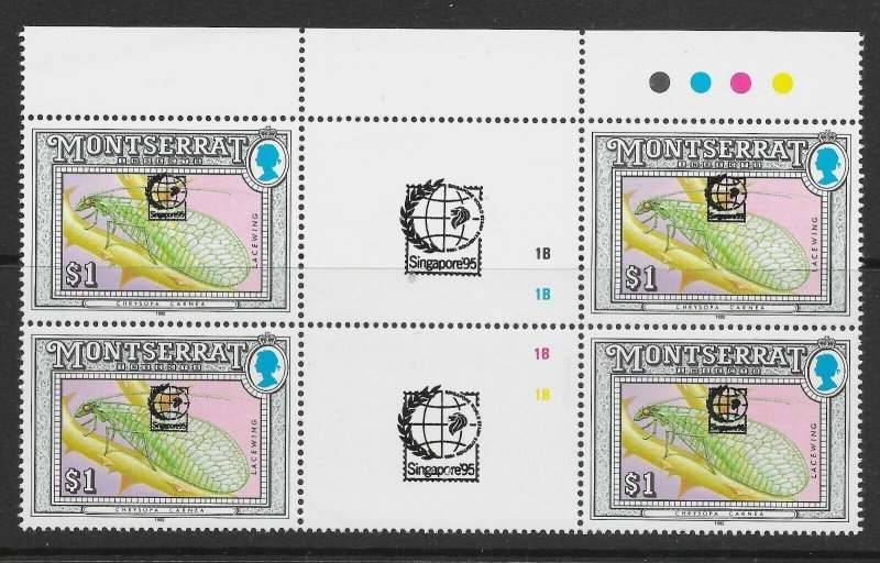 MONTSERRAT SG898 1992 $1 LACEWING SINGAPORE '95 OVPT T/L GUTTER BLOCK OF 4 MNH 