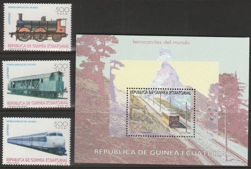 EQUATORIAL GUINEA 213a-213c, 214, TRAINS. SINGLES + SS. MINT, NH. VF. (99)