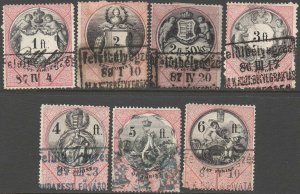 HUNGARY 1881 Barefoot #122-128  1ft to 6ft  Used Revenue stamps VF