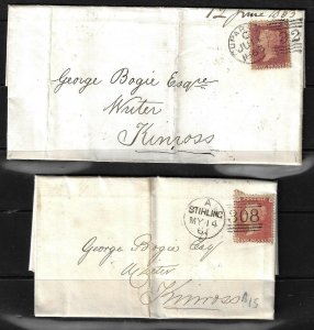 UK GB SCOTLAND 1861 1863 CUPAR & STIRLING TO KINROSS TWO LETTERS TO GEORGE BOGIE
