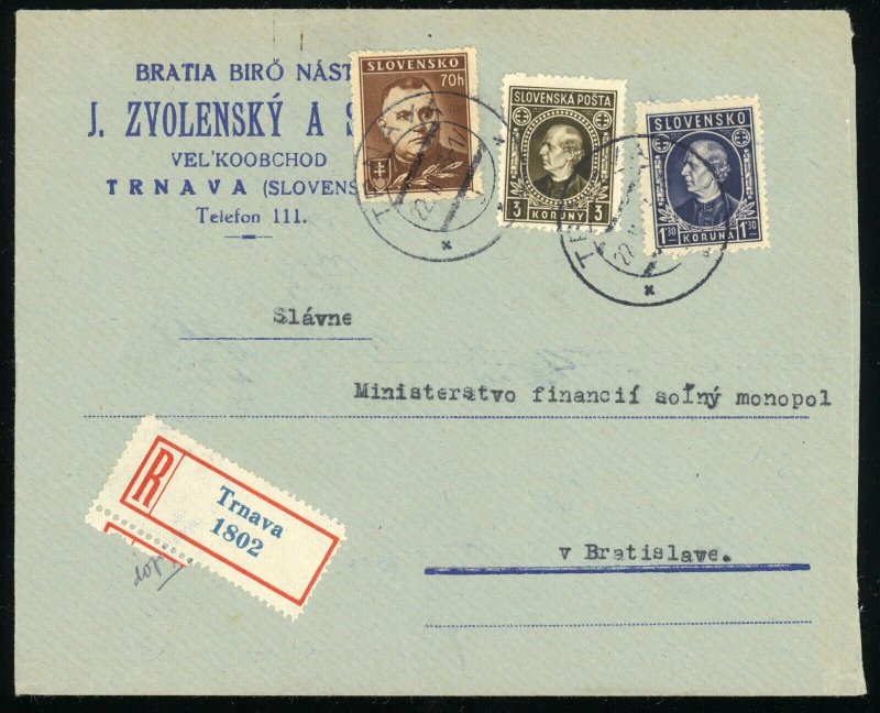 Slovakia Trnava German Occupation Registered Cover to Bratislava 1943 WWII