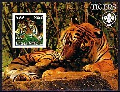 Eritrea, 2002 Cinderella issue. Tiger, IMPERF s/sheet. Scout Logo.