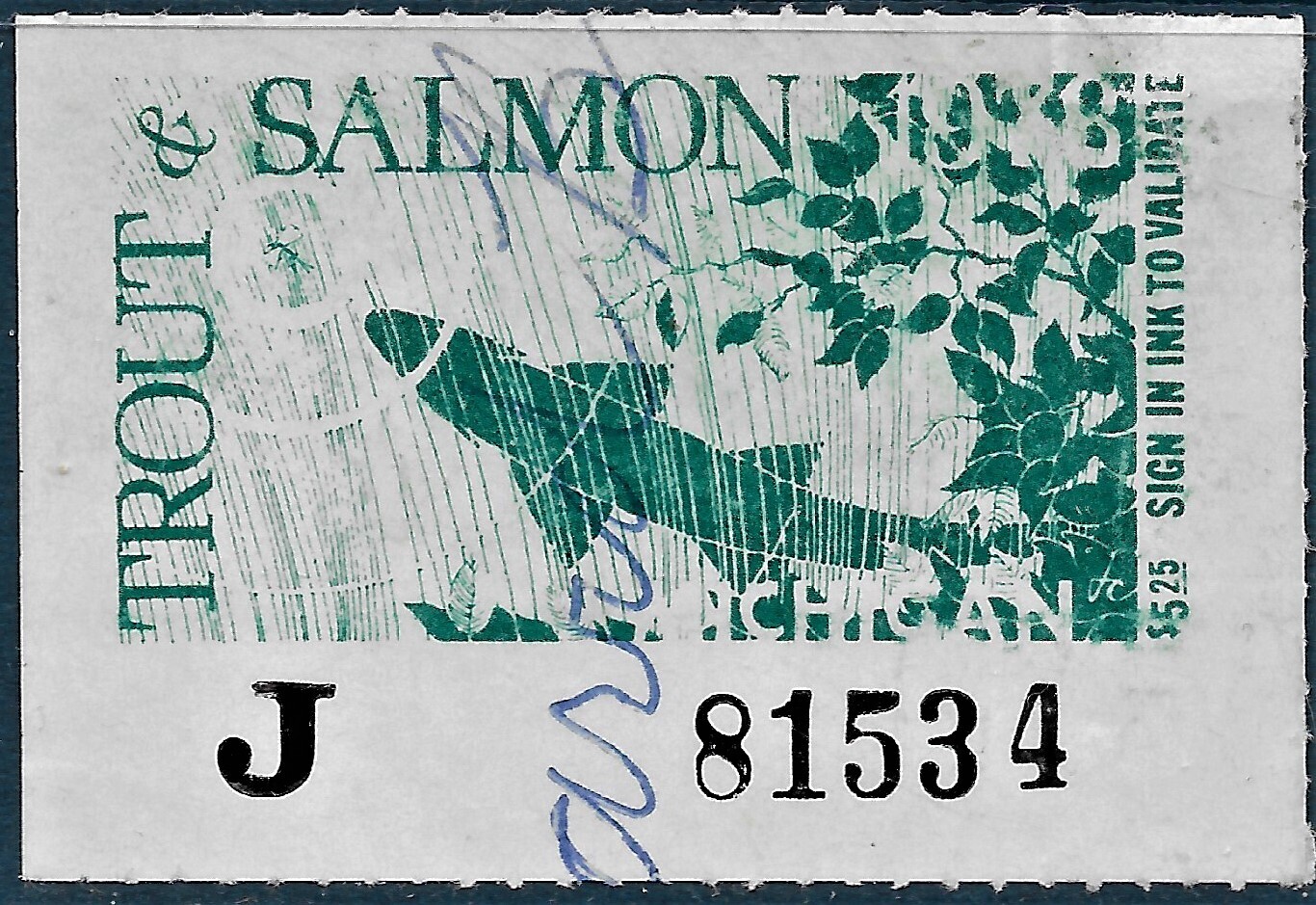 US 1978 MI Trout and Salmon Stamp used, some light scrapes on face