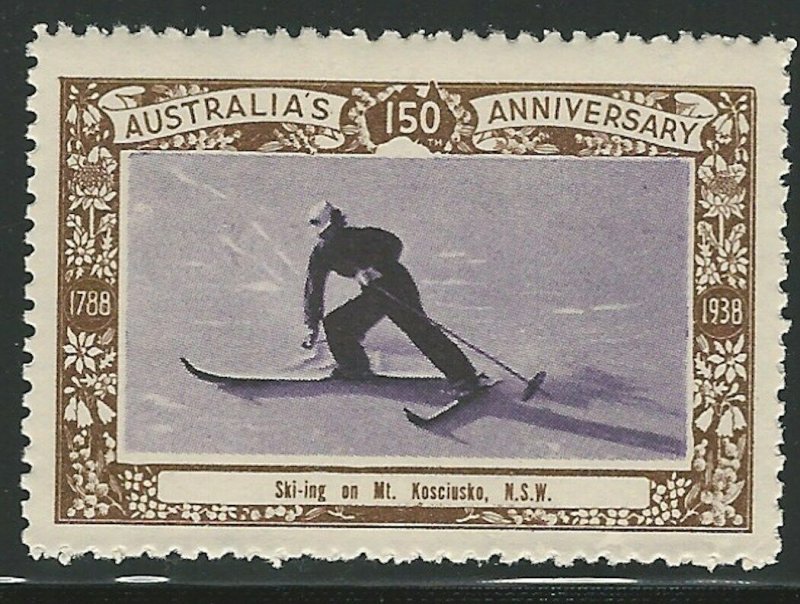Skiing on Mt. Kosciusko, N.S.W., Australia, 1938 Poster Stamp, Cinderella Label