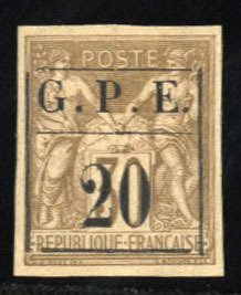 French Colonies, Guadeloupe #1 Cat$70, 1884 20c on 30c brown, hinged
