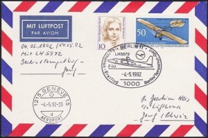 GERMANY 1992 LUFTHANSA first flight postcard to Berlin to Geneva...........A6370