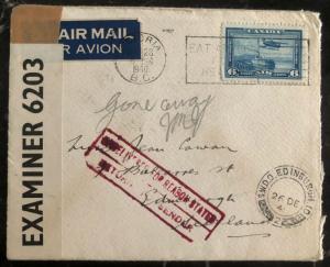 1940 Victoria BC Canada Censored Airmail Cover to Edinburgh Scotland