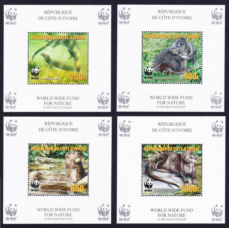 Ivory Coast WWF Speckle-throated Otter 4 Souvenir Sheets perforated reprint