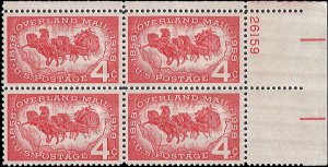 Scott # 1120 1958 4c org red  Overland Mail
Coach  Plate Block - Upper Right ...