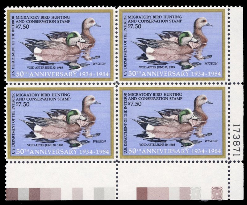 RW51 $50, 1984 $7.50 Widgeons, plate block of four, never hinged