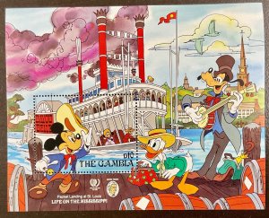 Gambia Disney Mickey Life on the Mississippi Souvenir Sheet 5 x4 inches 1985