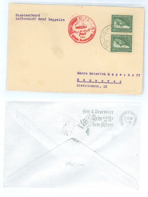 Germany C60 1938 Cover carried on the Graf Zeppelin (LZ130) Flight to the Sudetenland on 2 December to coincide with Adolph Hitl